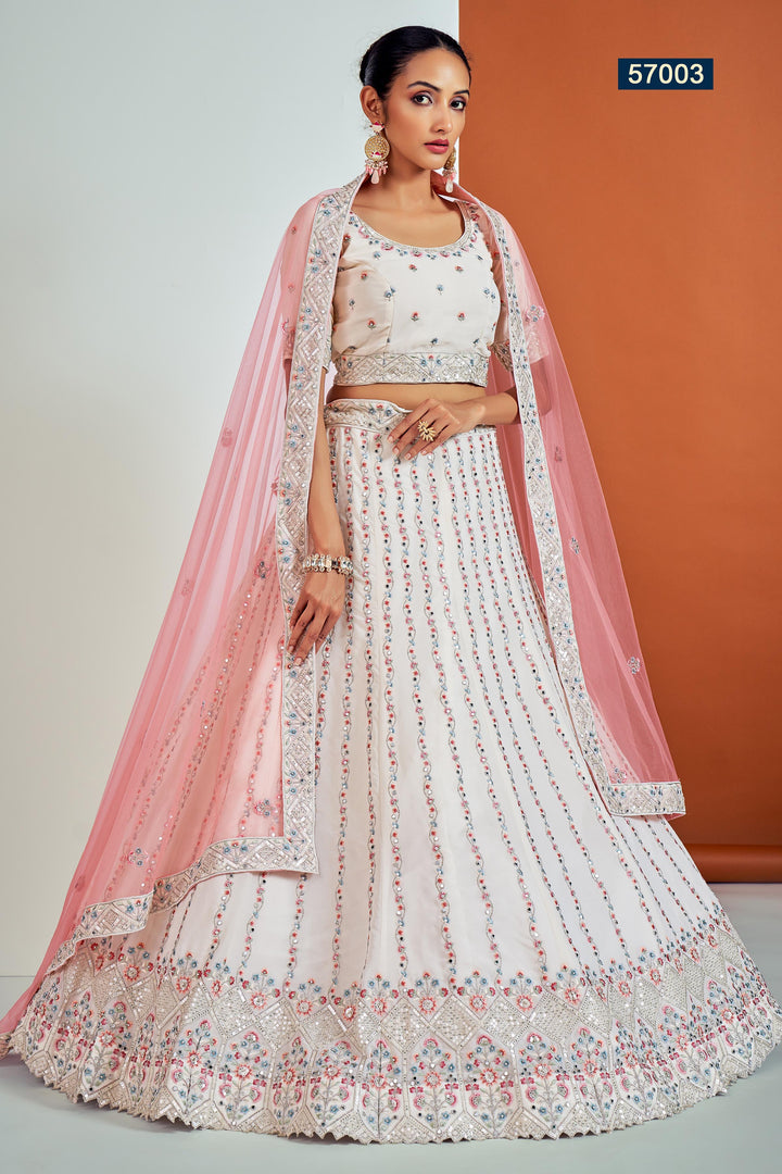 Modern White Semi Stitched Lehenga | Mirror Embroidered Choli Set