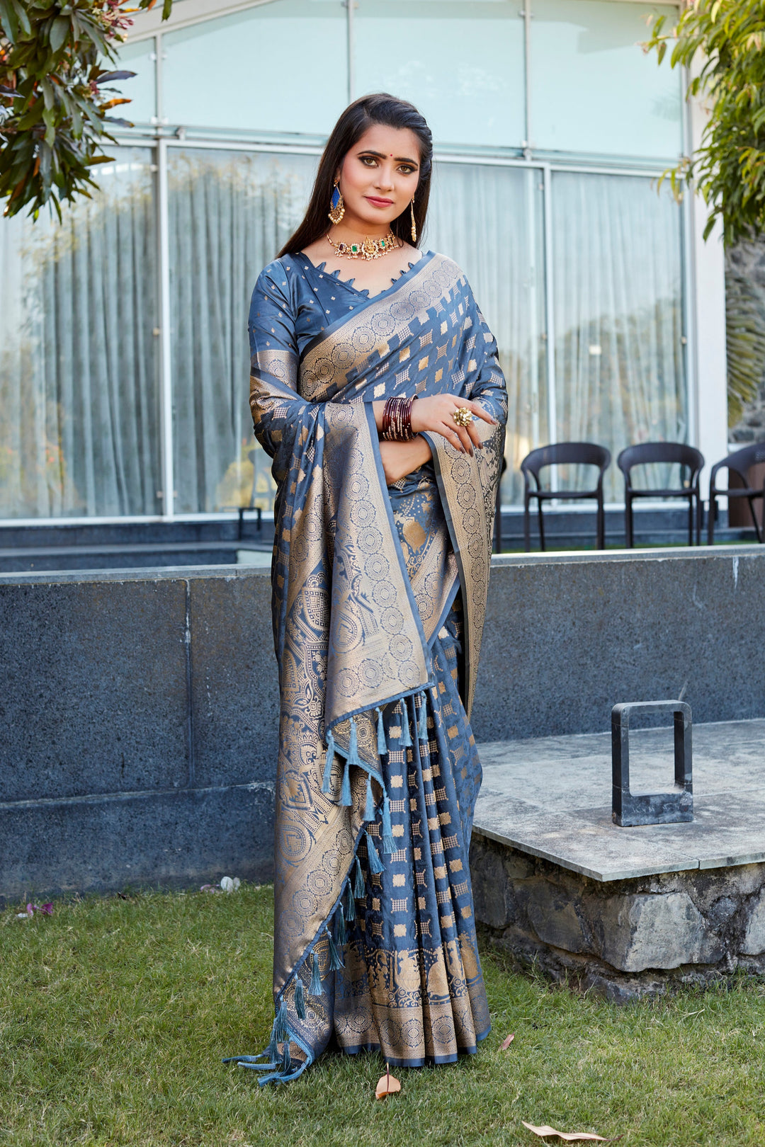 Elegant Teal-Blue Satin Silk Wedding Saree with dual weave design and luxurious pallu.