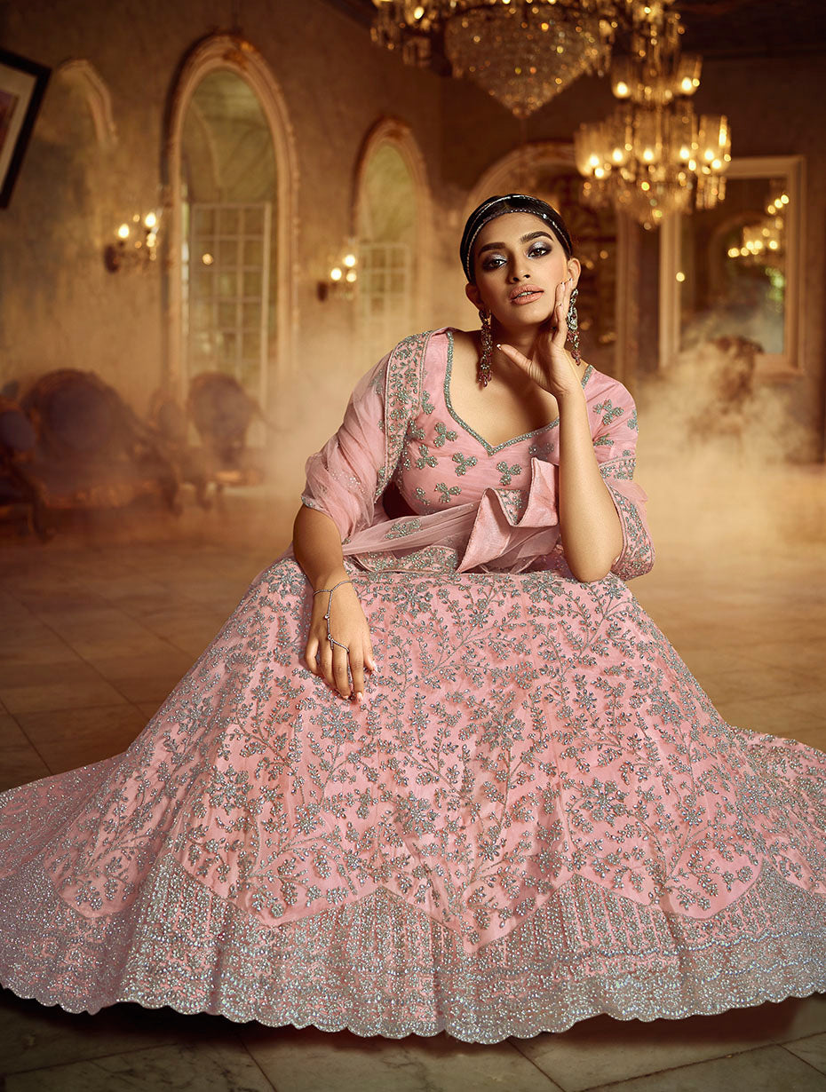 Pink Soft Net Lehenga with Dori and Zarkan Work | Festive and Bridal Wear