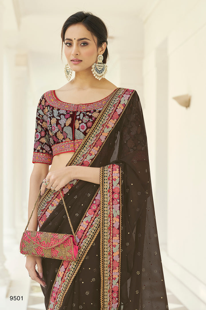 Olive Brown Organza Embroidered Saree | Stunning Heavy Work Design With Blouse