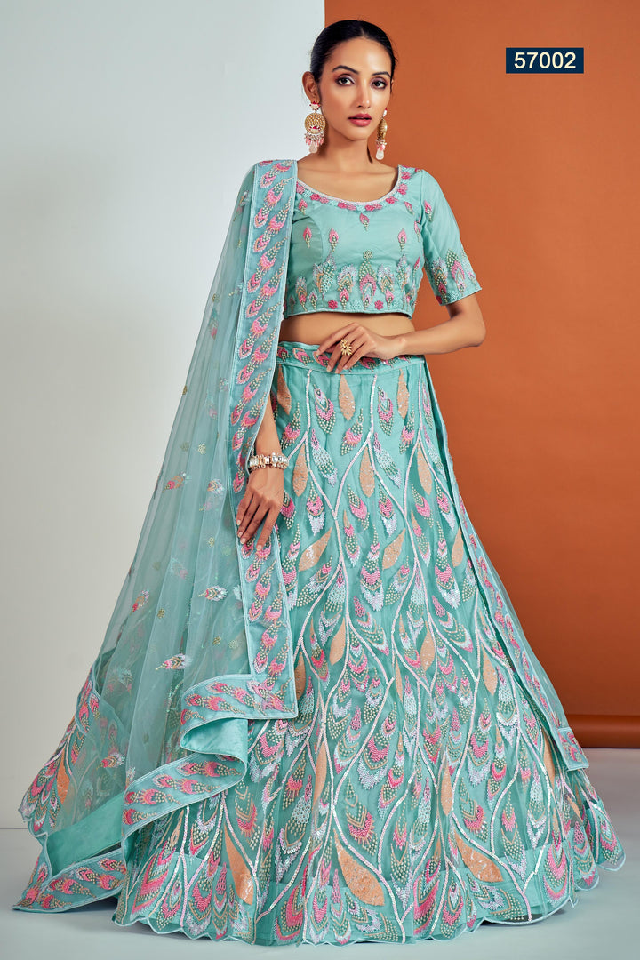 Turquoise Embroidered Net Lehenga | Wedding Wear Lehenga Choli Set