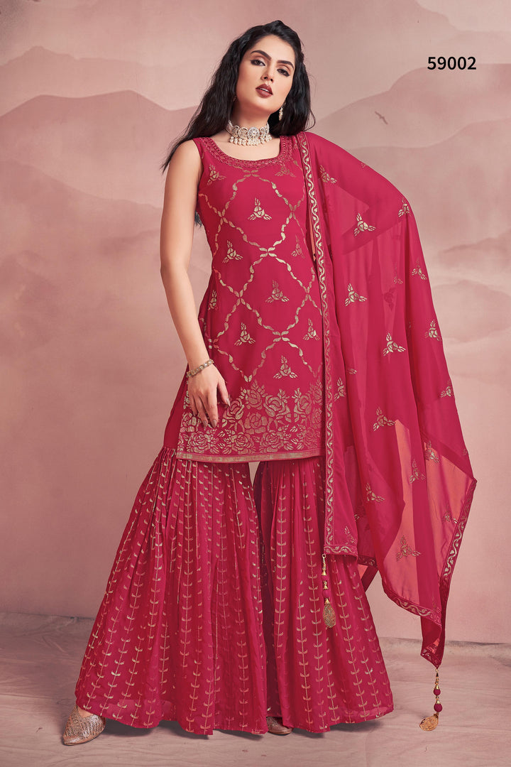 Pink Georgette Kurti Set | Sequins Work Sharara Dupatta Set