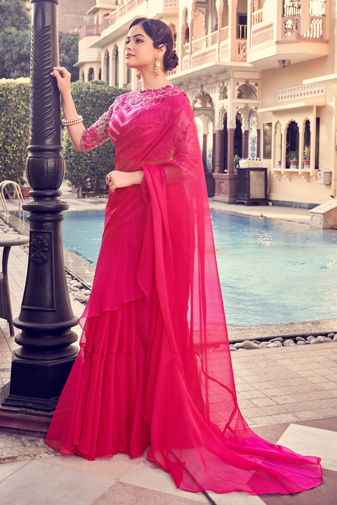 Bright Pink Ruffled Saree | Elegant Organza Design with Zari Work