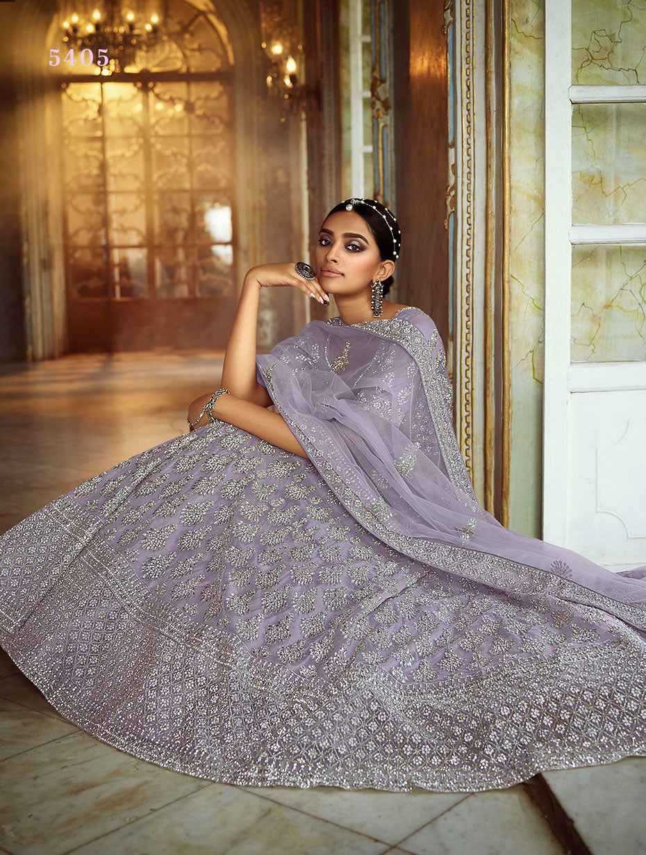 Gray Soft Net Lehenga with Dori and Zarkan Work | Elegant Bridal Wear