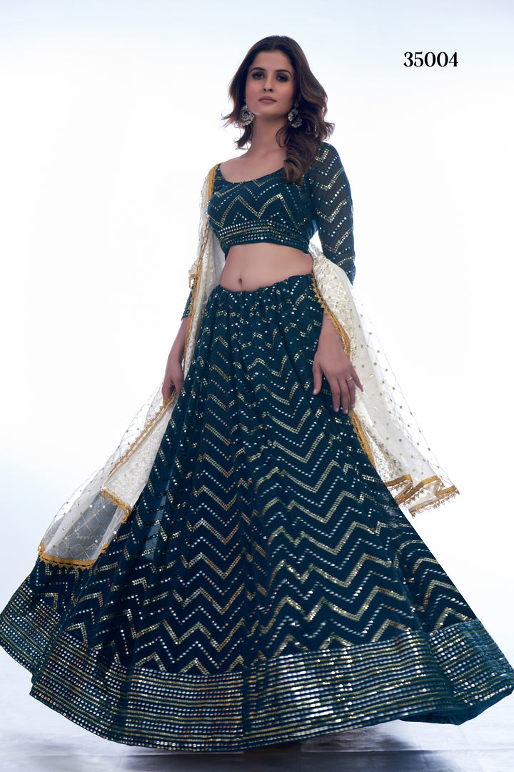 Prussian Blue Georgette Lehenga Set | Chevron Pattern, Thread Work & Sequins