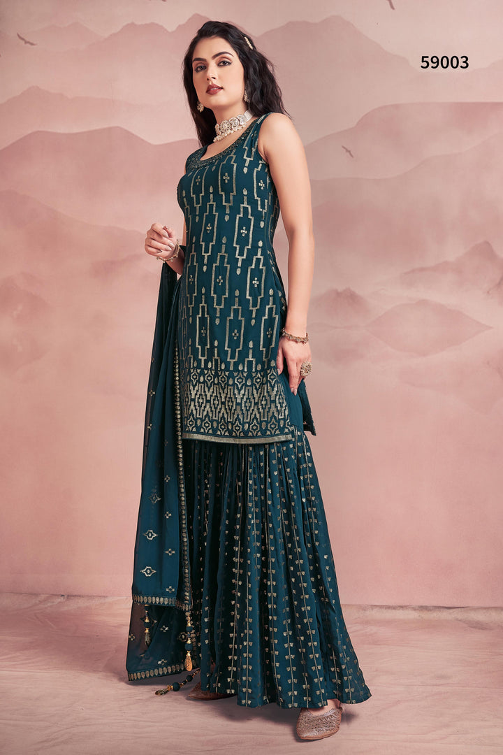 Rama Blue Kurti Set | Georgette Sharara with Sequins Work