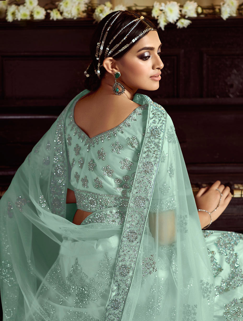 Sky Blue Soft Net Lehenga with Dori and Zarkan Work | Elegant Wedding Wear