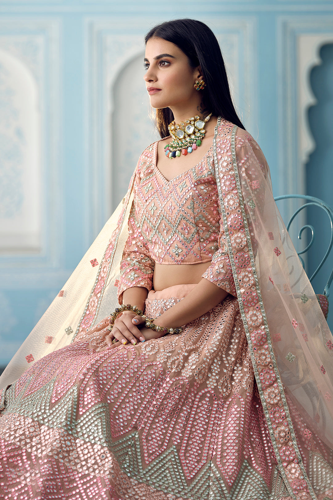 Peach Lehenga for Women | Semi Stitched Organza Lehenga Choli Set