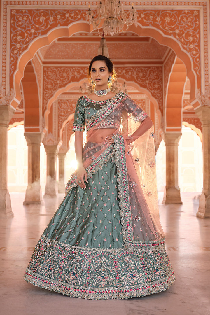 Rama Green Satin Lehenga | Bridal Lehenga for Wedding