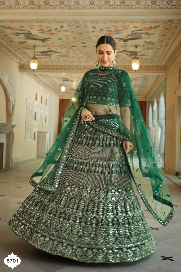 Elegant Green Lehenga | Bridal Lehenga with Dori & Mirror Work