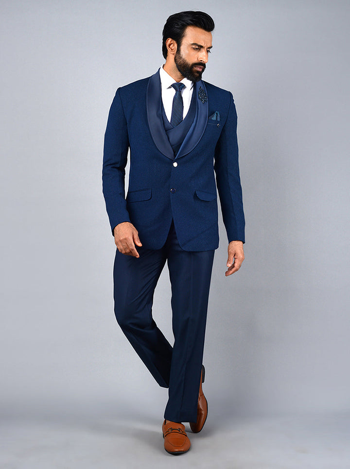 Elegant blue self-design suit for men, made from luxurious imported material for a sophisticated look.