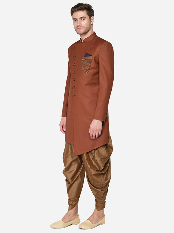 The rich mocha color adds sophistication, making it a must-have for those seeking fashionable men's indo-western clothing for special events.