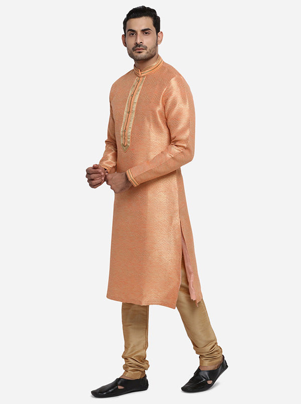 Self-design peach and golden kurta set for men, featuring chic styling and comfort for the USA.