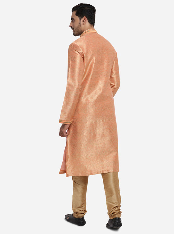 Peach and golden self-design kurta set for men, ideal for cultural gatherings in the USA.