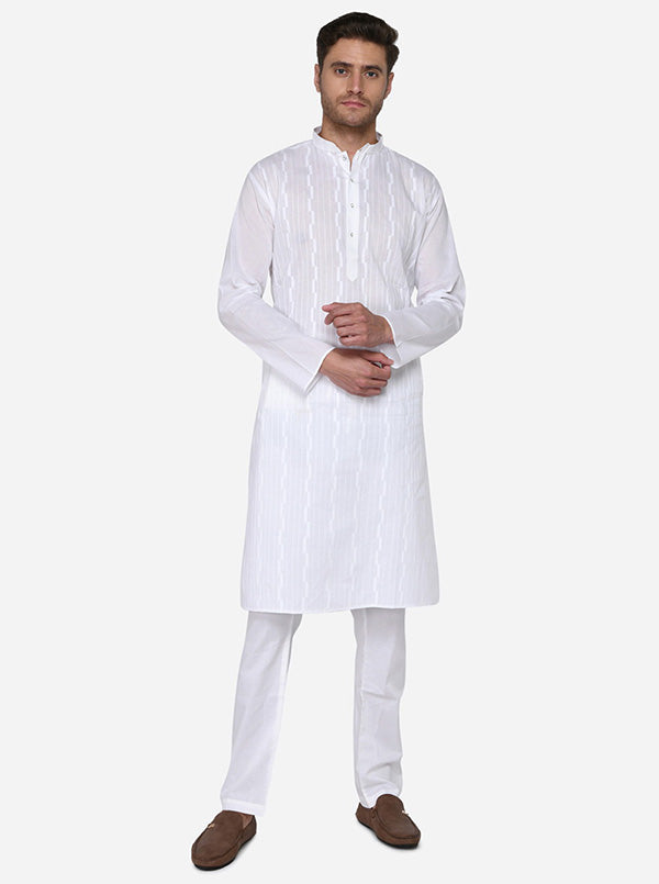 Timeless self-design white kurta set for men, elevating your ethnic style in the USA.