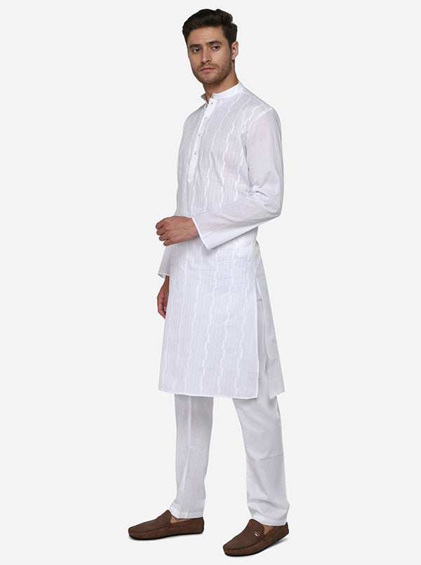 Self-design white kurta set for men, tailored for comfort and basic features in the USA.