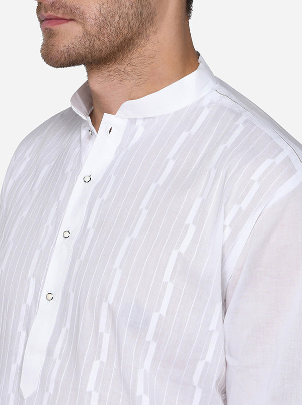 White kurta set with self-design, providing ease and style for men in the USA.