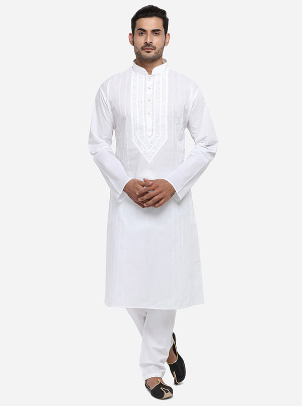 Stylish self-design white kurta set with stripes for men, perfect for the USA ethnic collection.