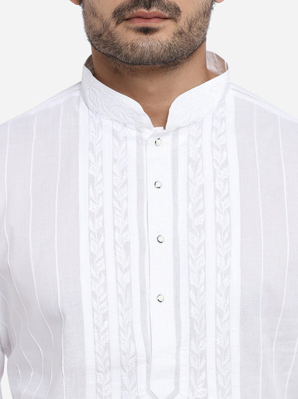 Self-design white kurta set with stripes, offering a modern twist on traditional wear in the USA.