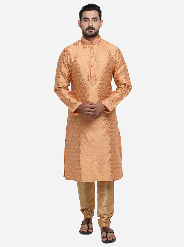 Light orange and golden self-design kurta set for men, tailored for comfort with chic design features in the USA.