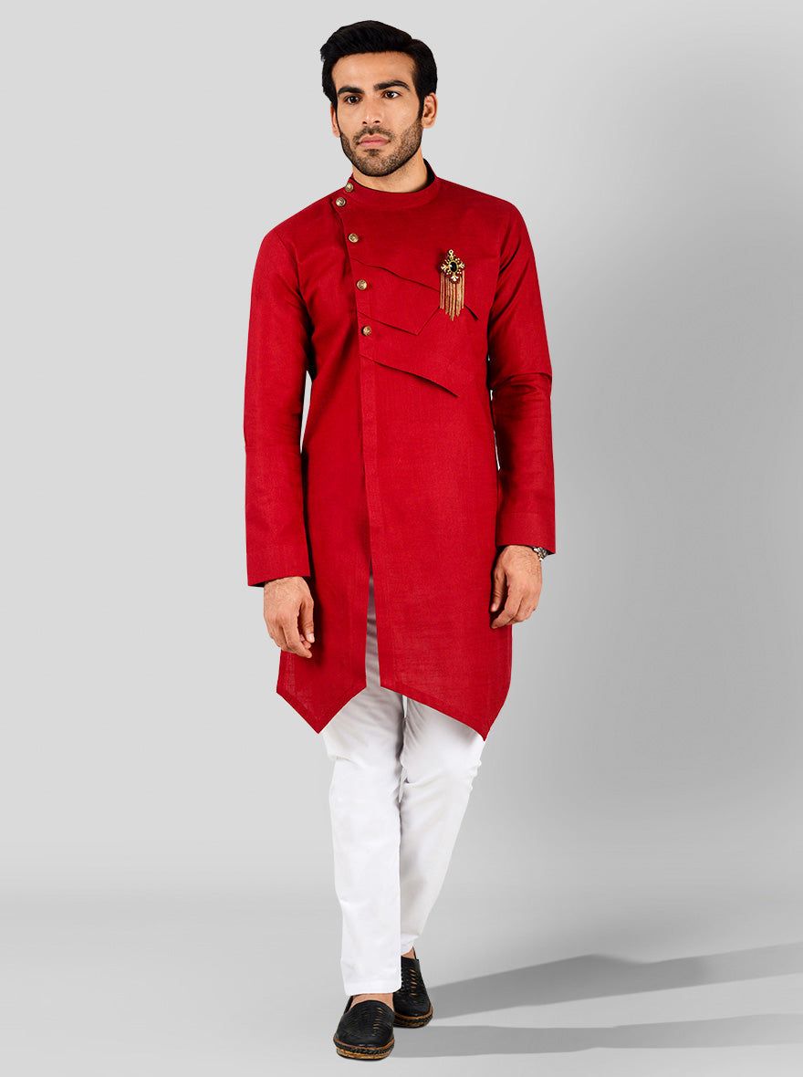 Men's red kurta with a stylish mandarin collar and pleated front, blending modern style with traditional elegance.