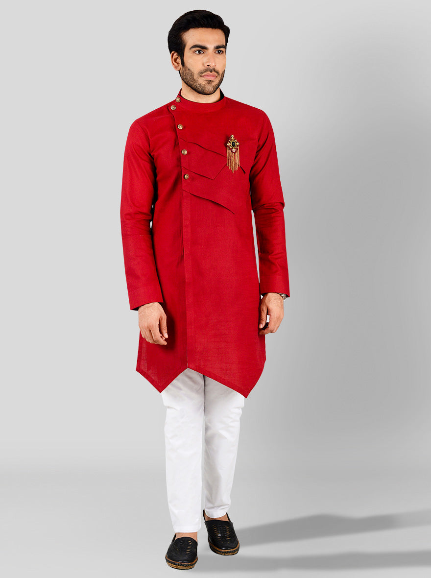 Elegant red kurta designed for men, featuring a comfortable fit, mandarin collar, and pleated front for festive wear.