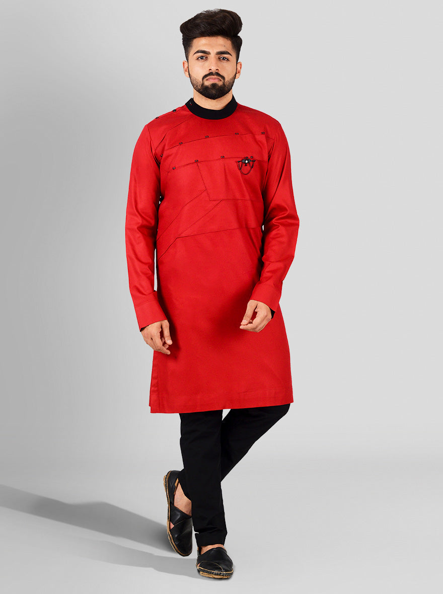 Stylish red kurta crafted from cotton satin, designed with shoulder buttons and pleated details, perfect for casual gatherings.