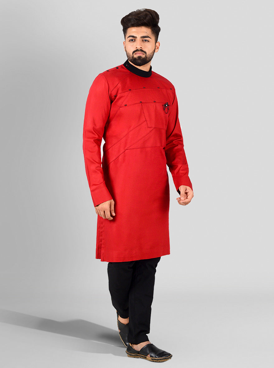 Men's red kurta with shoulder buttons and pleated detailing, made from comfortable cotton satin, ideal for festive occasions.