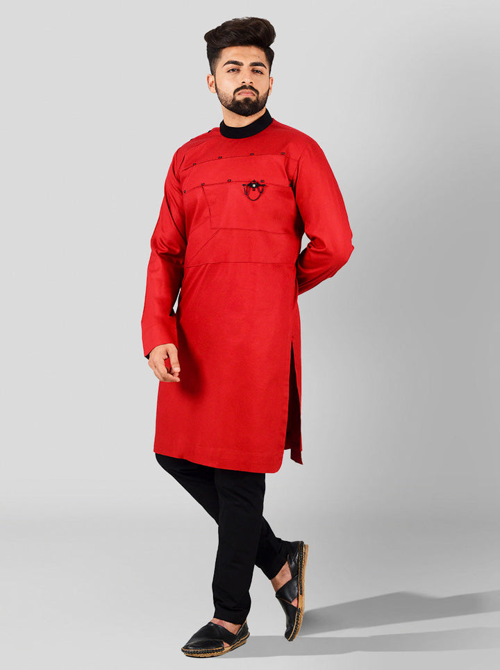 Elegant red cotton satin kurta for men featuring shoulder buttons and pleats, perfect for celebrations and casual wear.