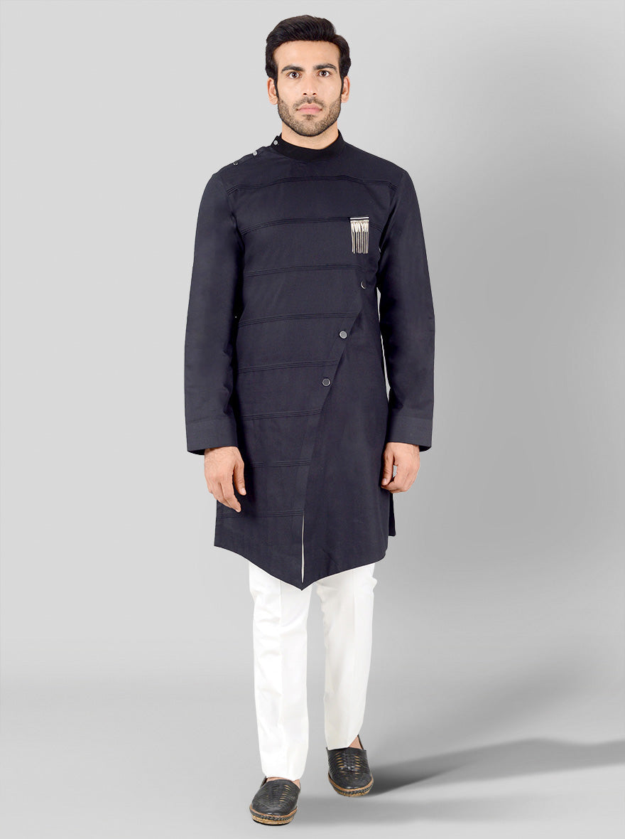 Stylish black Pathani kurta designed for men, featuring a comfy banded collar and a chic button placket, perfect for celebrations.