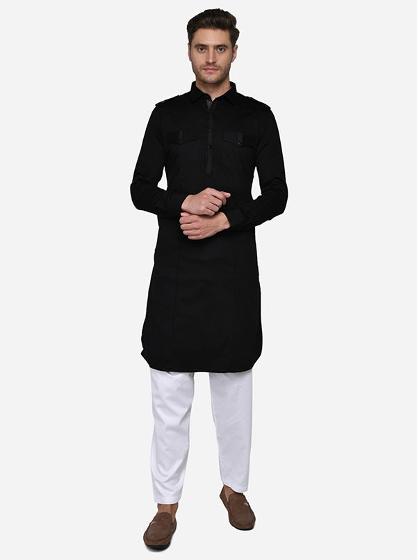 Elevate your ethnic collection with this solid black Pathani, designed for comfort and style.