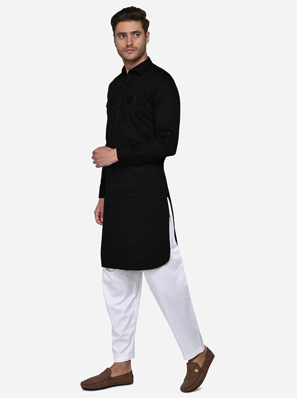 Classy solid black Pathani, ensuring you stay comfy and stylish throughout the day.