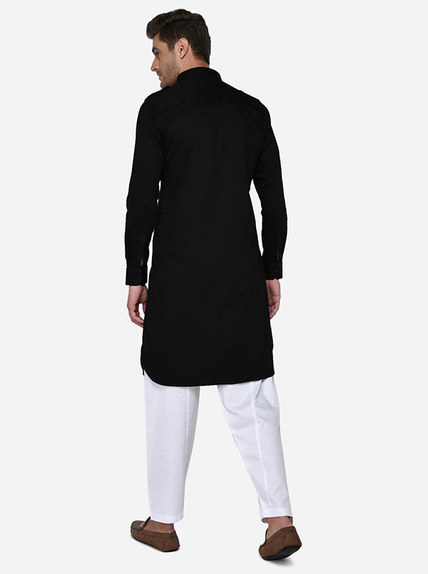 Solid black Pathani kurta set for men, perfect for casual outings and gatherings in the USA.