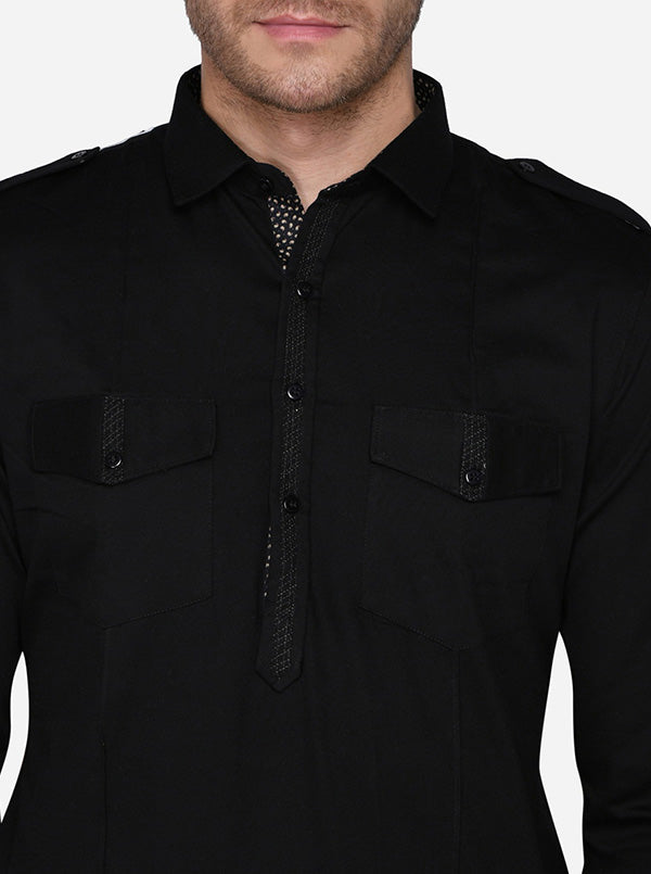 Stylish solid black Pathani, offering basic features for all-day wear in the USA.