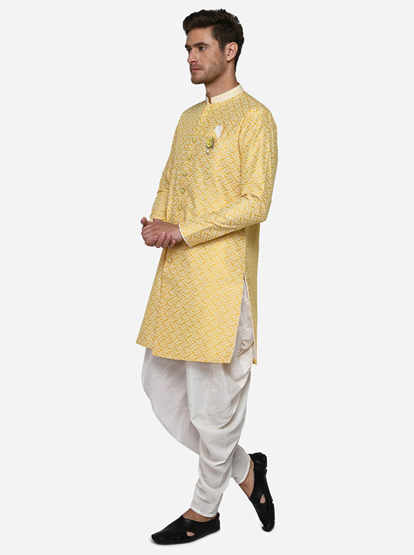 The combination of golden yellow and cream hues makes this attire perfect for weddings and special events, enhancing your men's ethnic fashion.