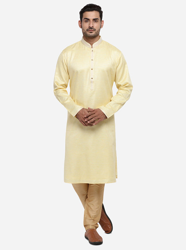 Lemon yellow kurta set with self-design, perfect for ethnic occasions in the USA.