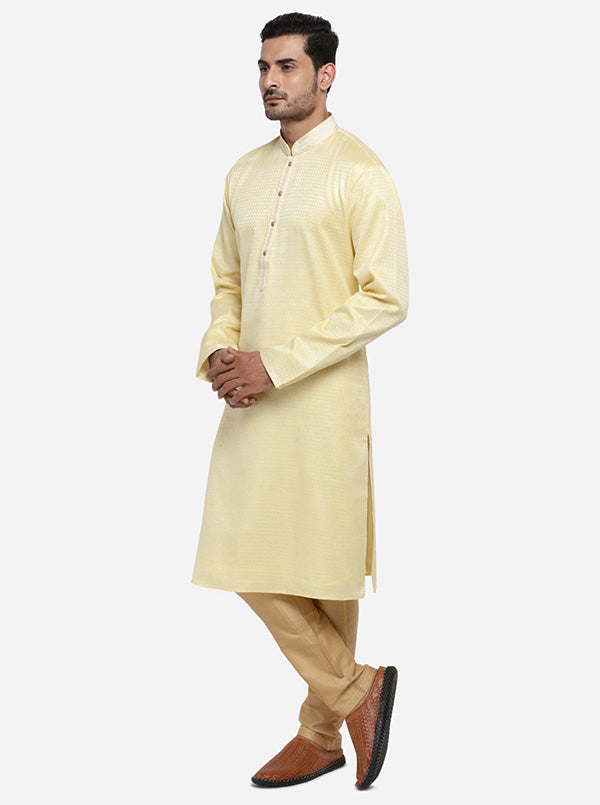 Stylish self-design lemon yellow kurta set for men, offering all-day comfort and elegance.