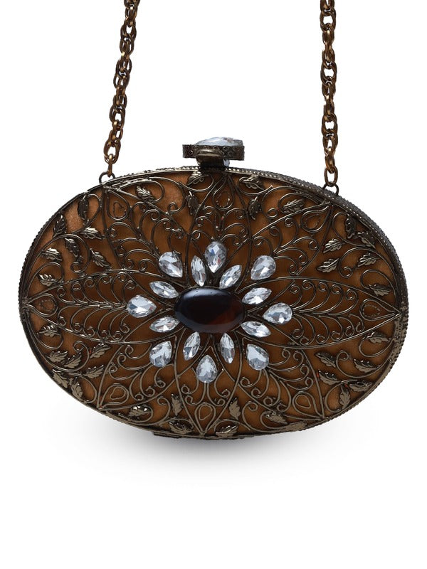 Mirza Intricate Brass Clutch | Embellished Statement Bag for Events