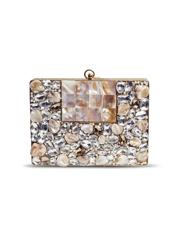 Saba Embellished Brass Clutch | Elegant Mother of Pearl and Stone Handbag