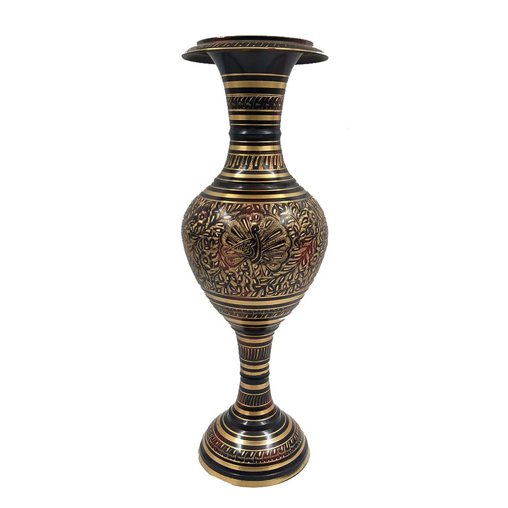 Elegant black and golden brass pot featuring intricate peacock design, perfect for home decor.