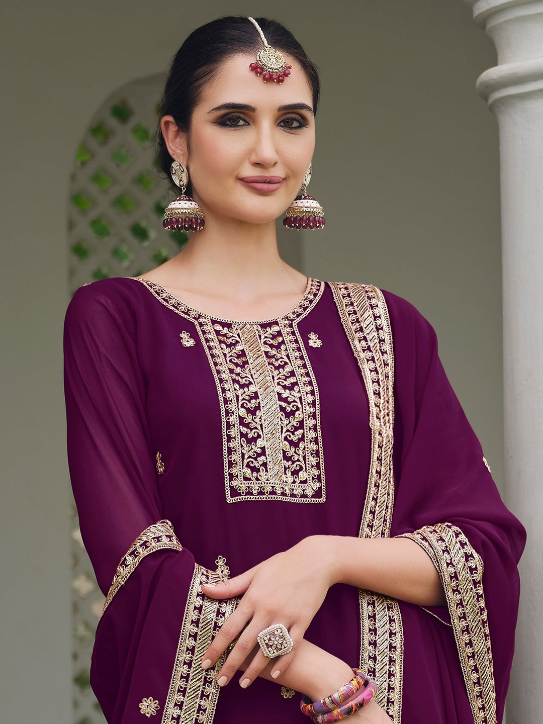 Glamorous Purple Embroidered Georgette Festival Wear Palazzo Suit