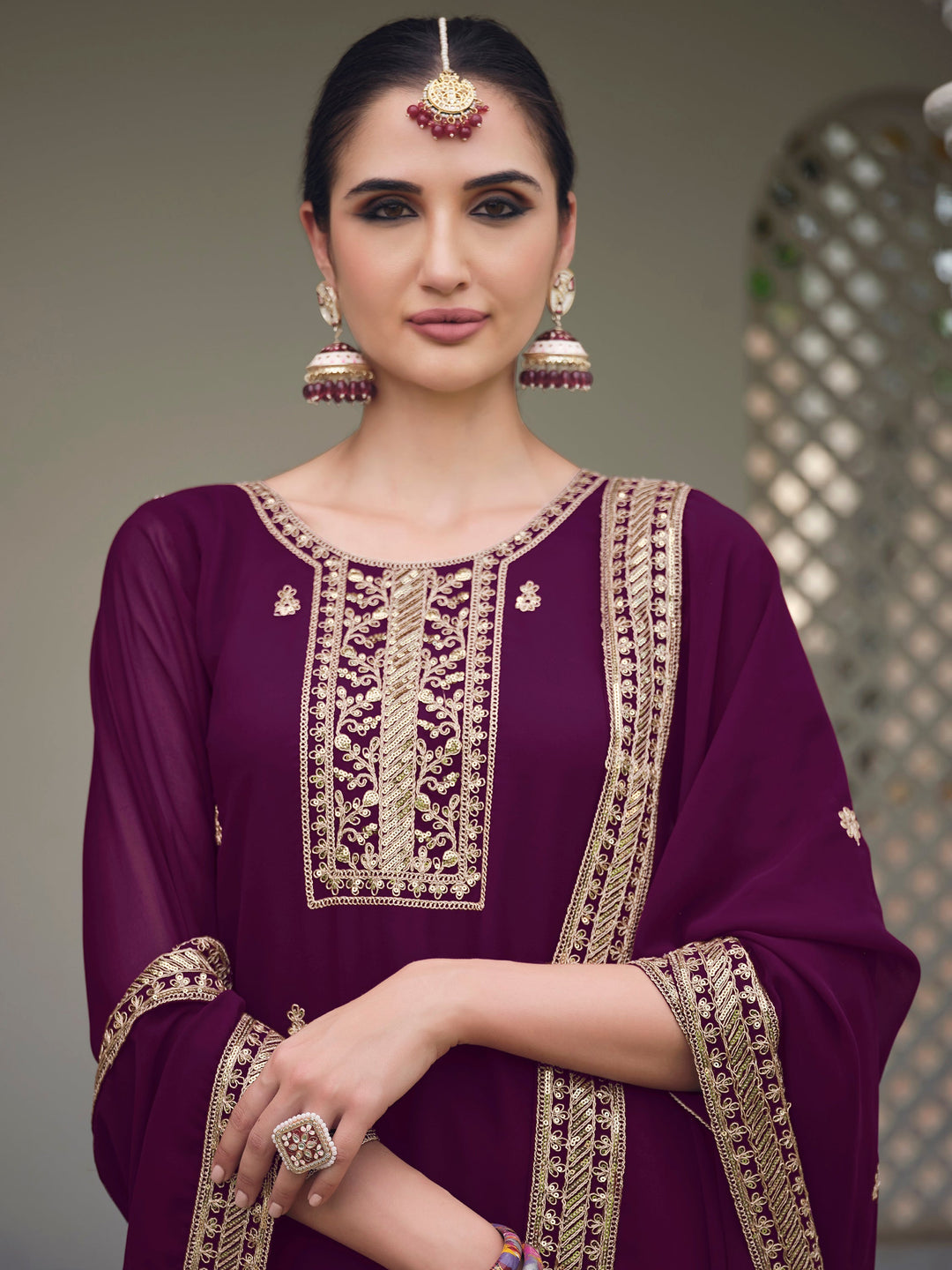 Glamorous Purple Embroidered Georgette Festival Wear Palazzo Suit