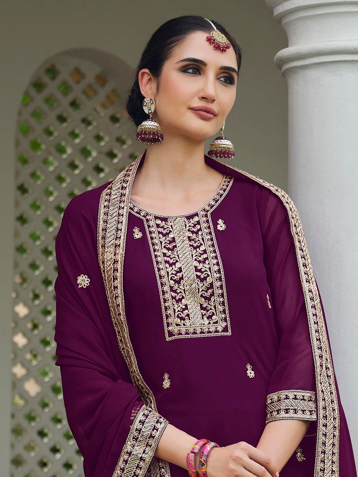 Glamorous Purple Embroidered Georgette Festival Wear Palazzo Suit