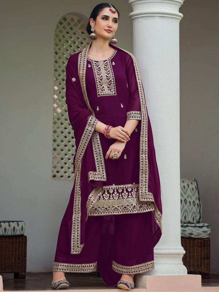 Glamorous Purple Embroidered Georgette Festival Wear Palazzo Suit