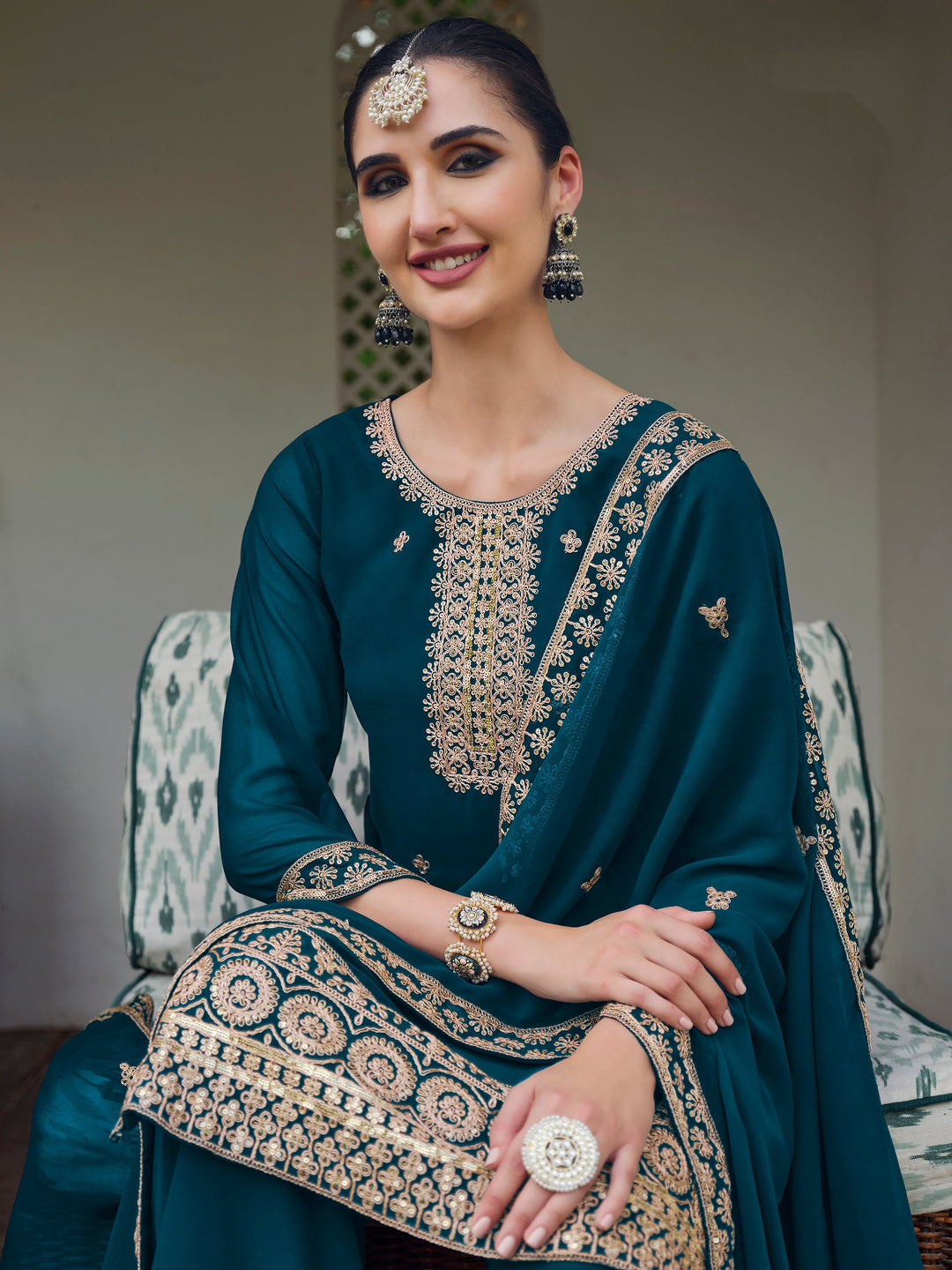 Stunning Teal Blue Embroidered Georgette Event Wear Palazzo Suit