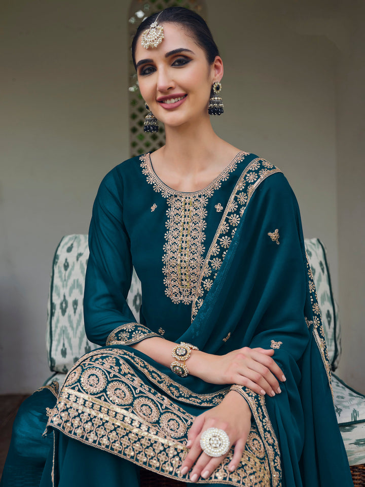 Stunning Teal Blue Embroidered Georgette Event Wear Palazzo Suit