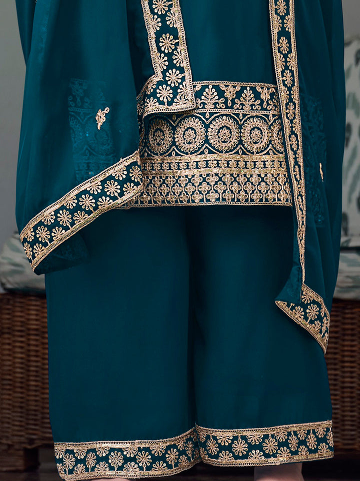 Stunning Teal Blue Embroidered Georgette Event Wear Palazzo Suit