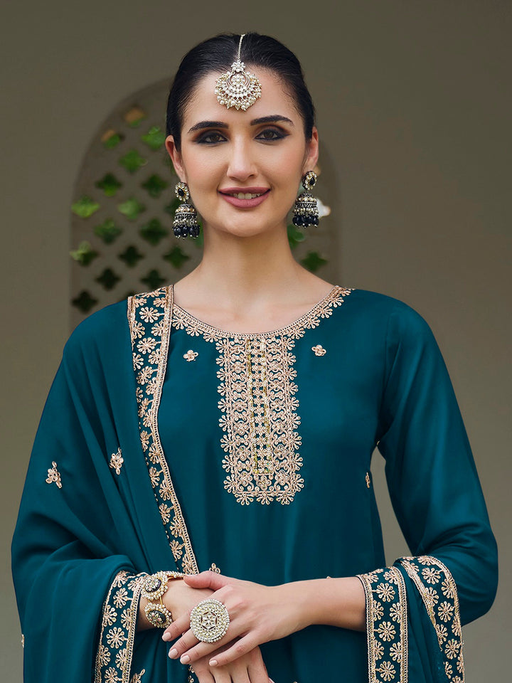 Stunning Teal Blue Embroidered Georgette Event Wear Palazzo Suit