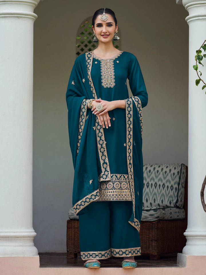 Stunning Teal Blue Embroidered Georgette Event Wear Palazzo Suit