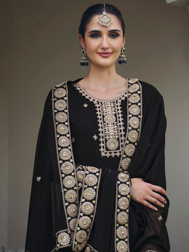 Alluring Black Embroidered Georgette Palazzo Suit With Dupatta